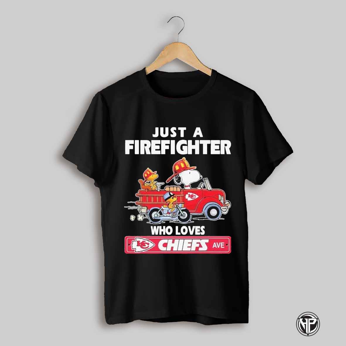 Snoopy And Woodstock Driving Car Motor Just A Firefighter Who Love Kansas City Chiefs T Shirts