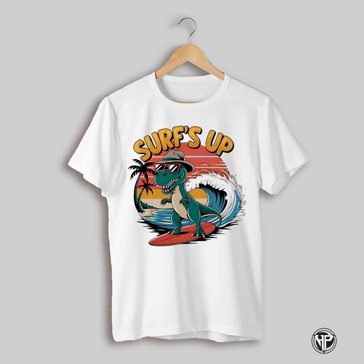 Dino Surfs Up Dinosaur Wearing Sunglasses And A Hat Shirt