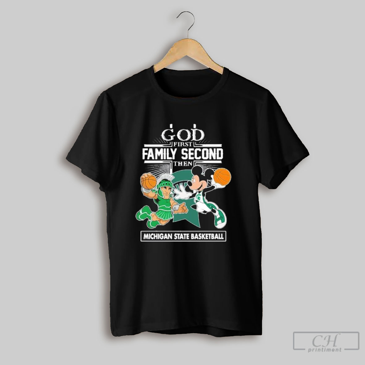 Official Mickey Mouse God First Family Second Then Michigan State Spartans Basketball Shirt Sweatshirt