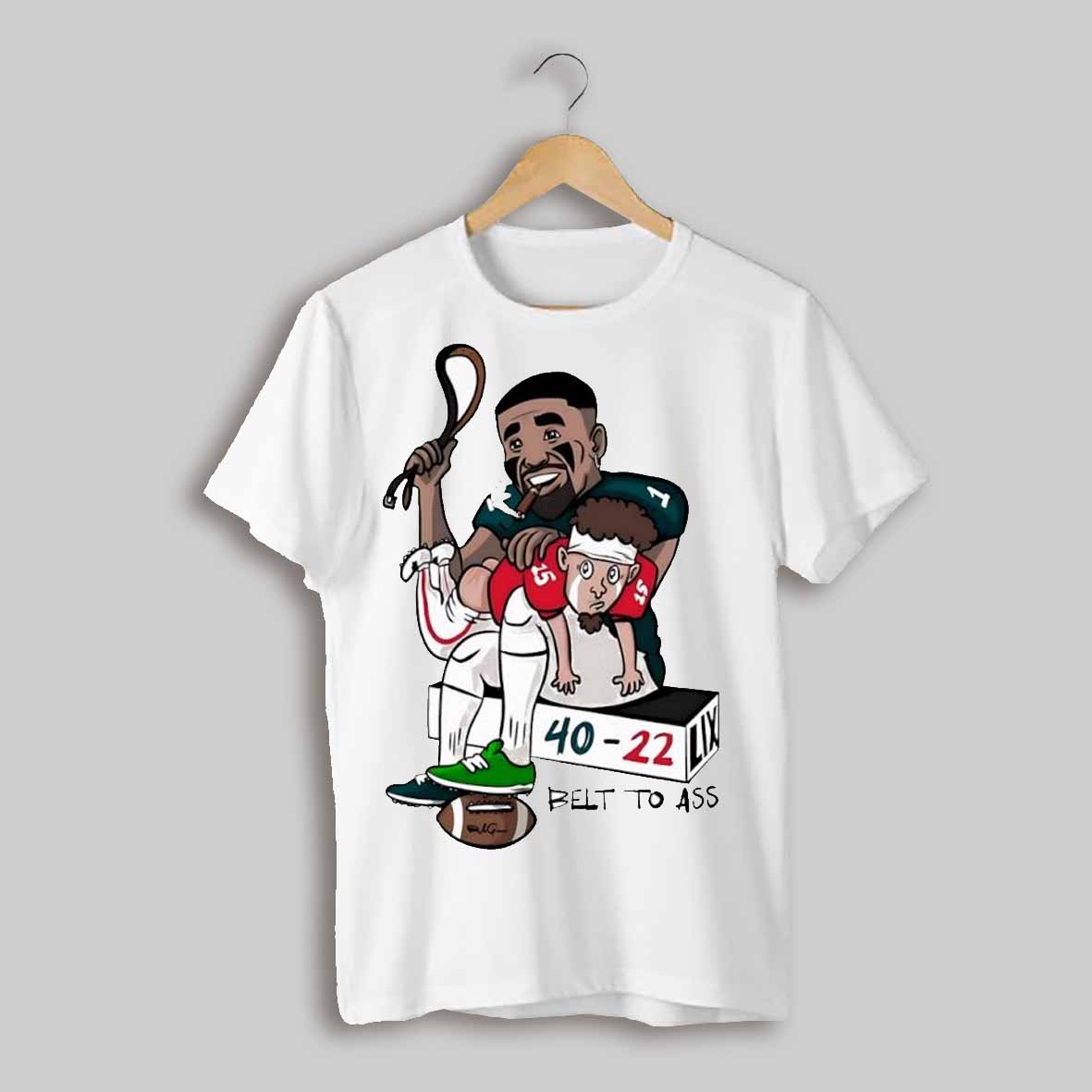 Philadelphia Eagles Vs Kansas City Chiefs Jalen Hurts And Patrick Mahomes Belt To Ass 40 22 Football Cartoon Shirt