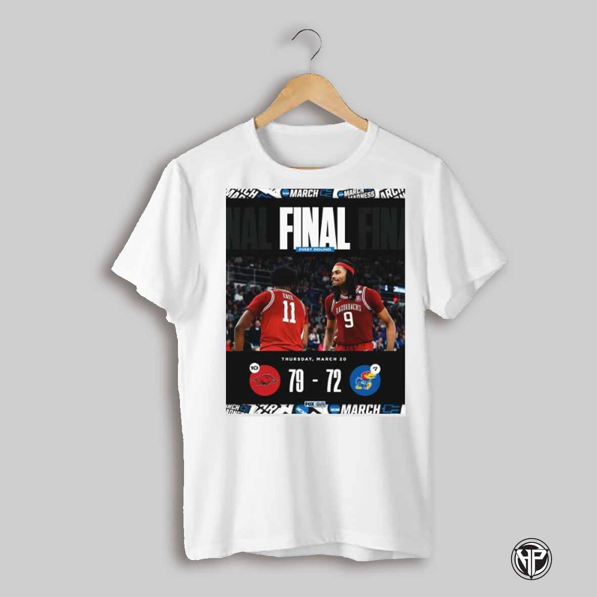 Poster Arkansas Razorbacks Basketball 79 72 Kansas Jayhawks Final Score March 20 2025 Ncaa March Madness T Shirt
