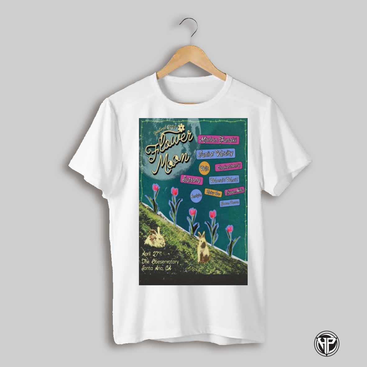 Poster Flower Moon Festival 4 27 2025 Marlon Funaki Junior Varsity The Observatory In Santa Ana Ca T Shirt