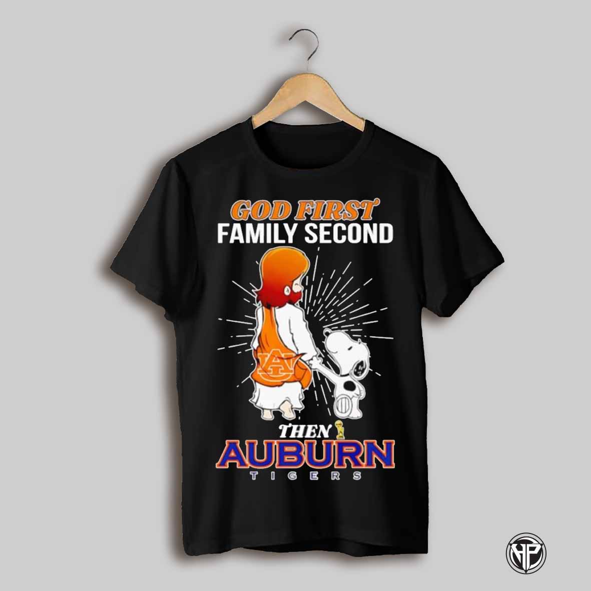 Snoopy Walking God First Family Second Then Auburn Tigers Shirt
