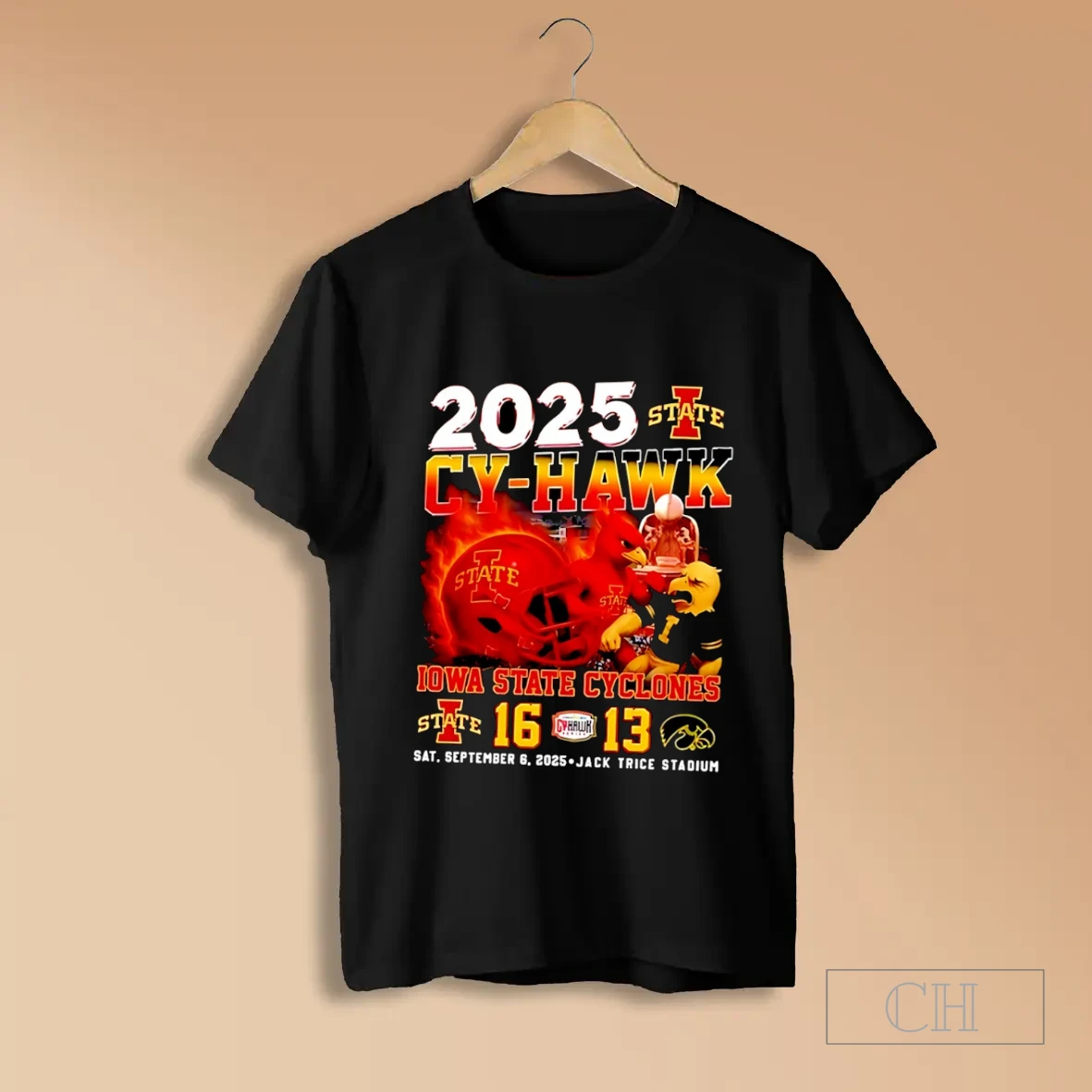 2025 Cy Hawk Iowa State Cyclones 16 Iowa Hawkeyes 13 Mascot Helmet Shirts