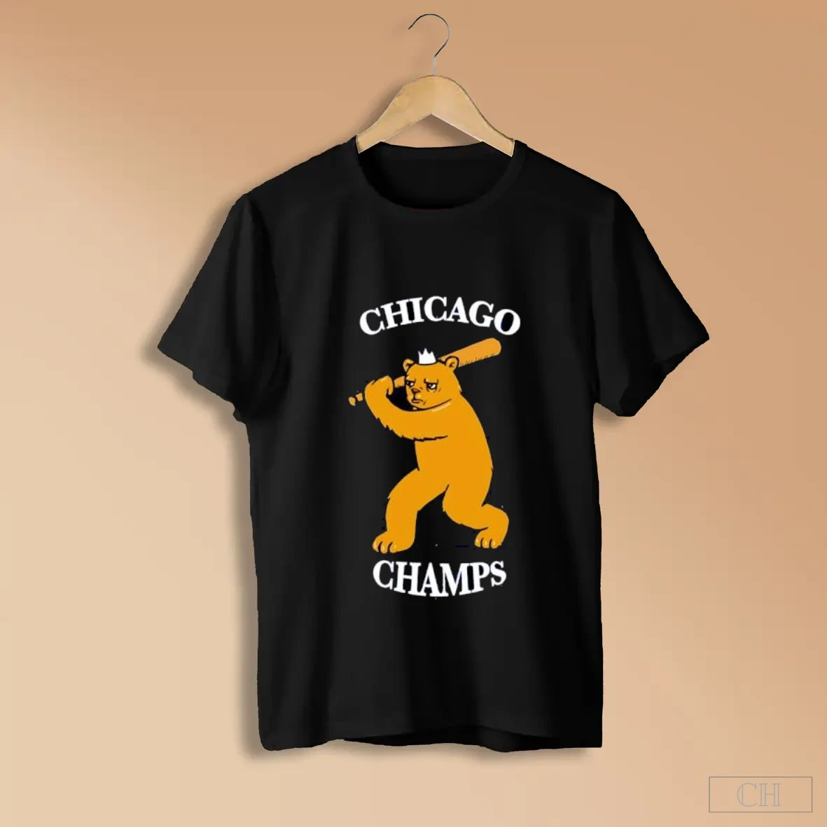 Chicago Champs Bear With Crown Holding Baseball Bat S Black Shirts
