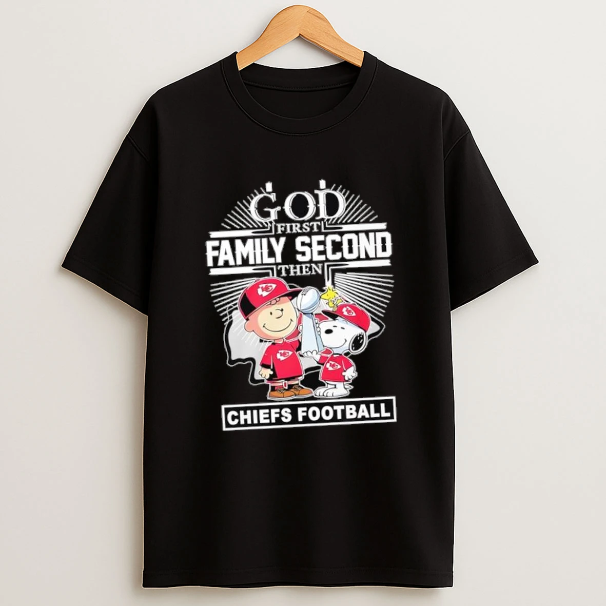 God First Family Second Then Kansas City Chiefs Football With Peanuts Characters Logo Shirts