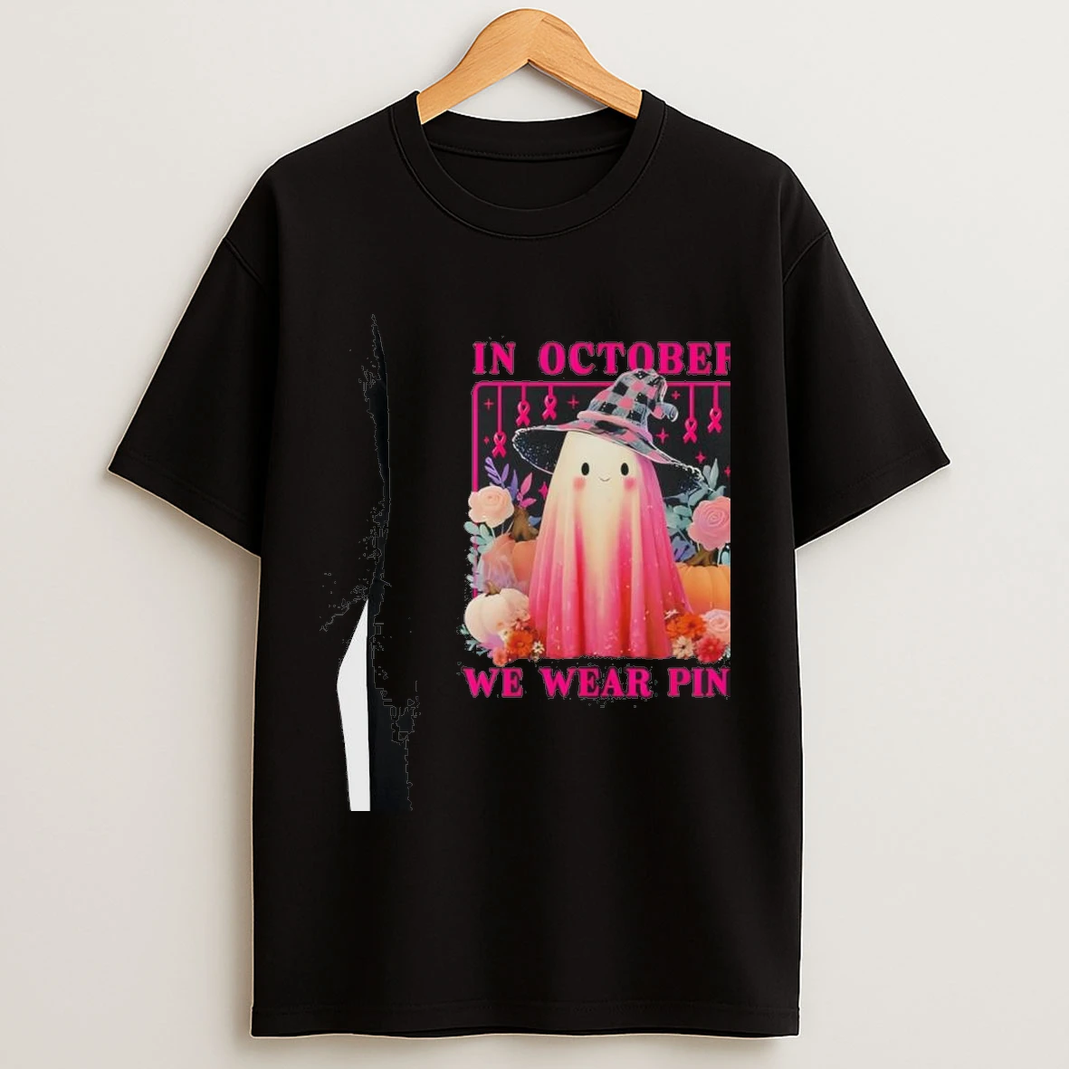 In October We Wear Pink Ghost Witch Halloween Breast Cancer Shirts