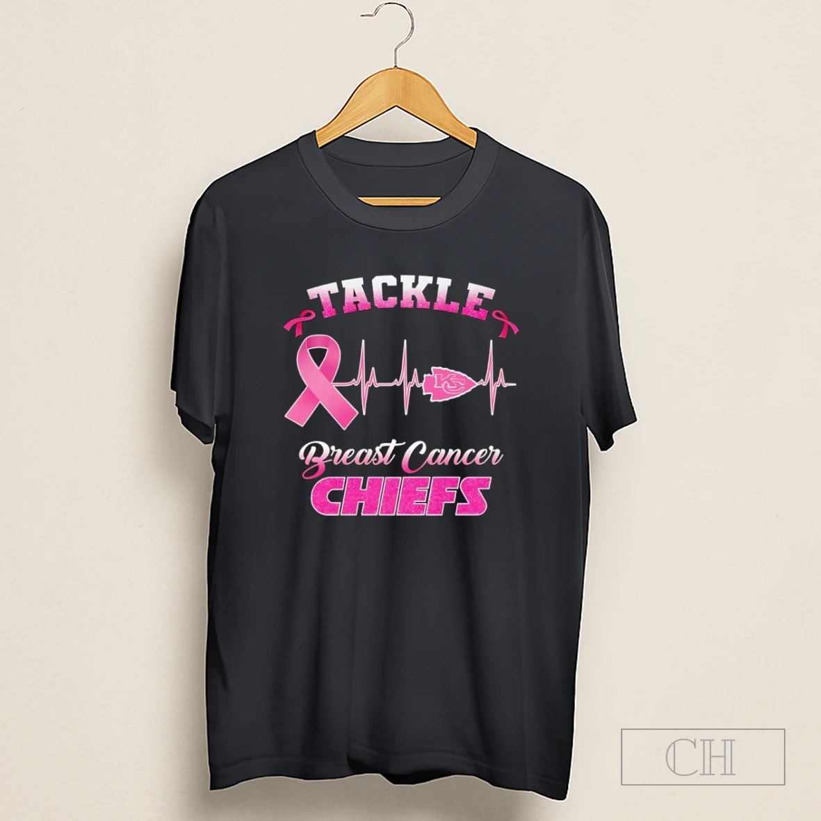 Kansas City Chiefs Football Tackle Breast Cancer Heart Rate Pink Ribbon Shirt