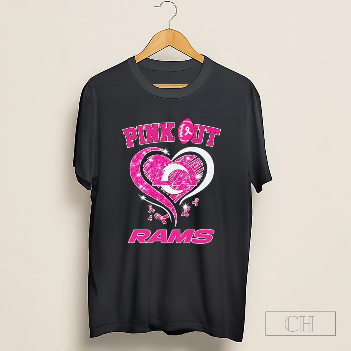 Los Angeles Rams Football Pink Out Sparkling Heart Pink Ribbon Shirt
