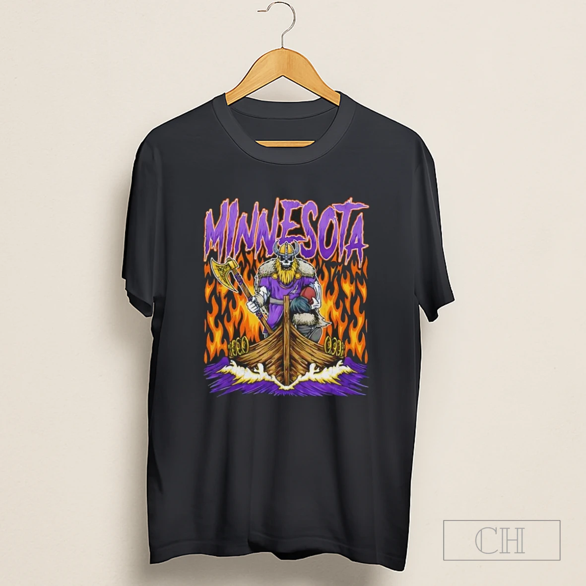 Minnesota Viking Football Skeleton With Axe On Ship Burning Retro Style Shirt