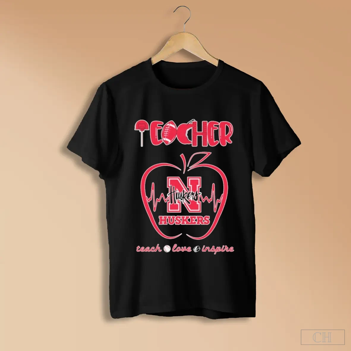 Nebraska Cornhuskers Teacher Teach Love Inspire Apple Heartbeat Shirts