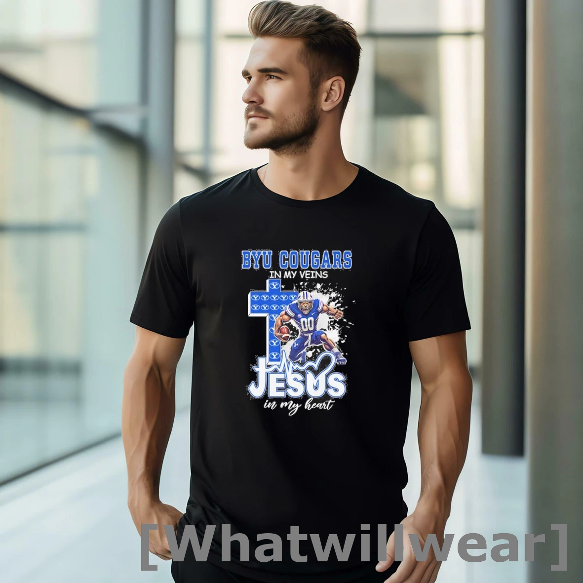 Official Byu Cougars Football Mascot In My Veins Jesus In My Heart Tshirts Sweater