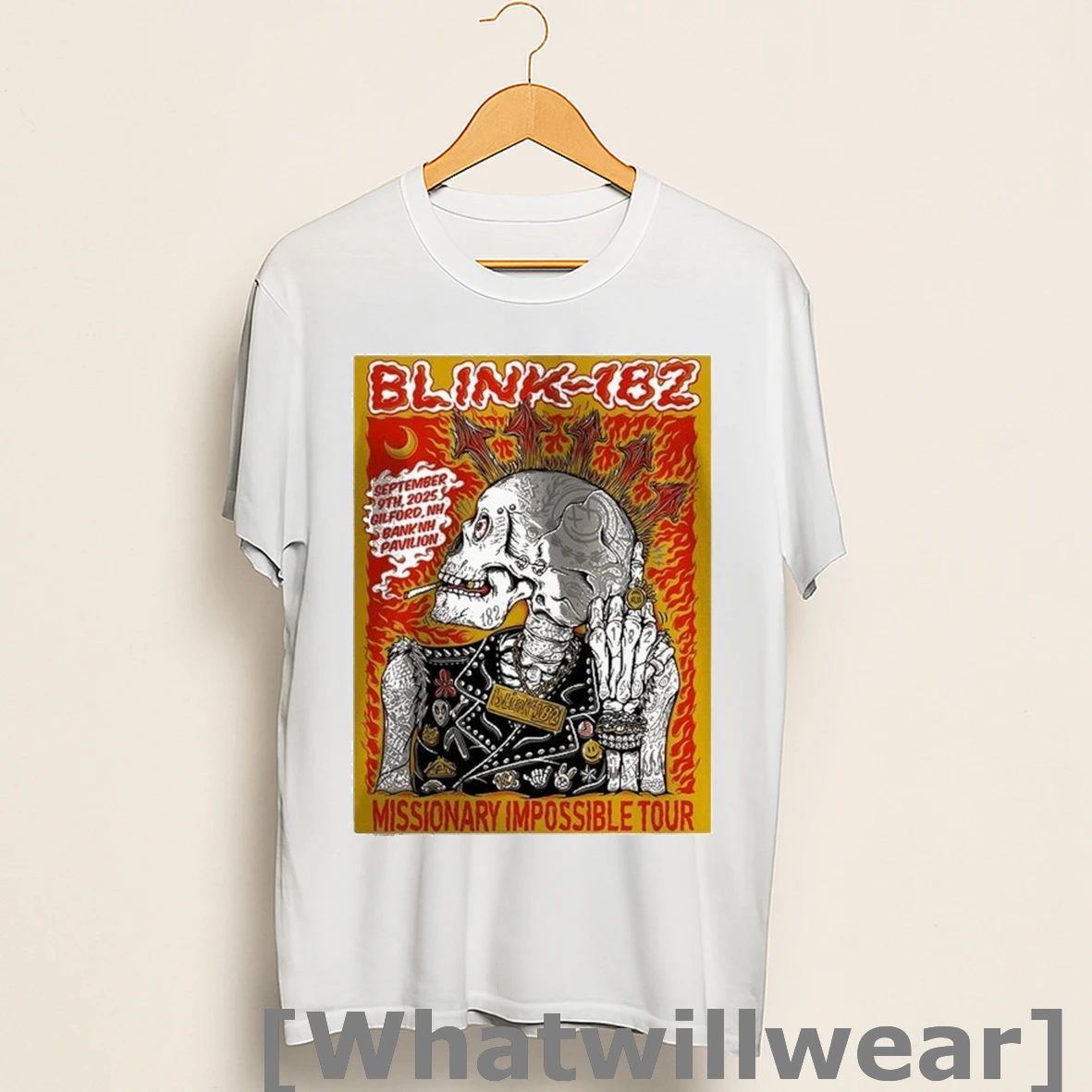 Official Blink 182 Music At Bank Nh Pavilion In Gilford New Hampshire September 9 2025 Missionary Impossible Tour Skeleton Shirts