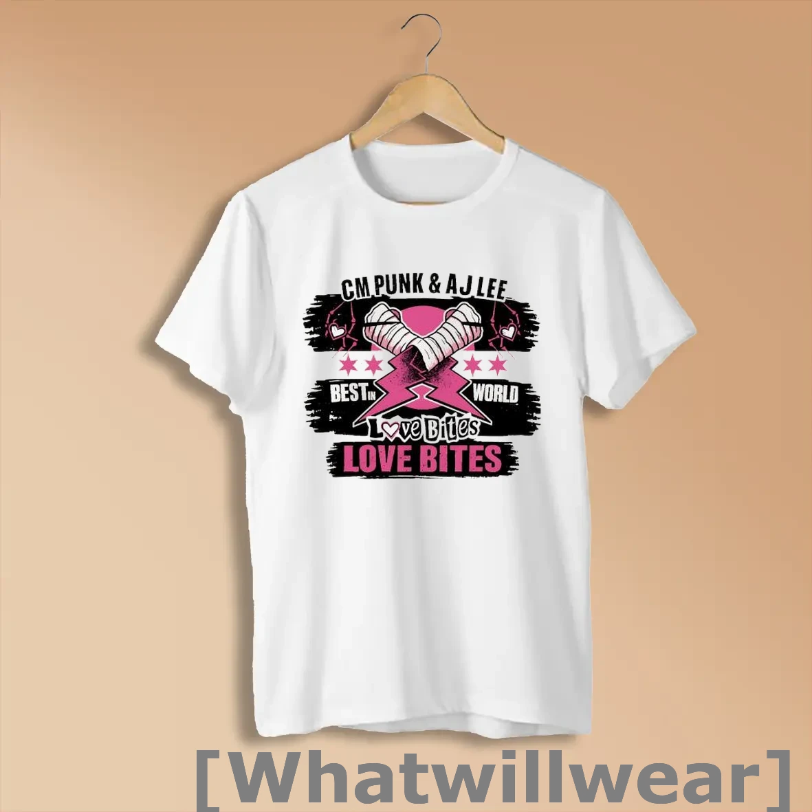 Official Cm Punk And Aj Lee Best In World Love Bites Pink Thunder Shirts
