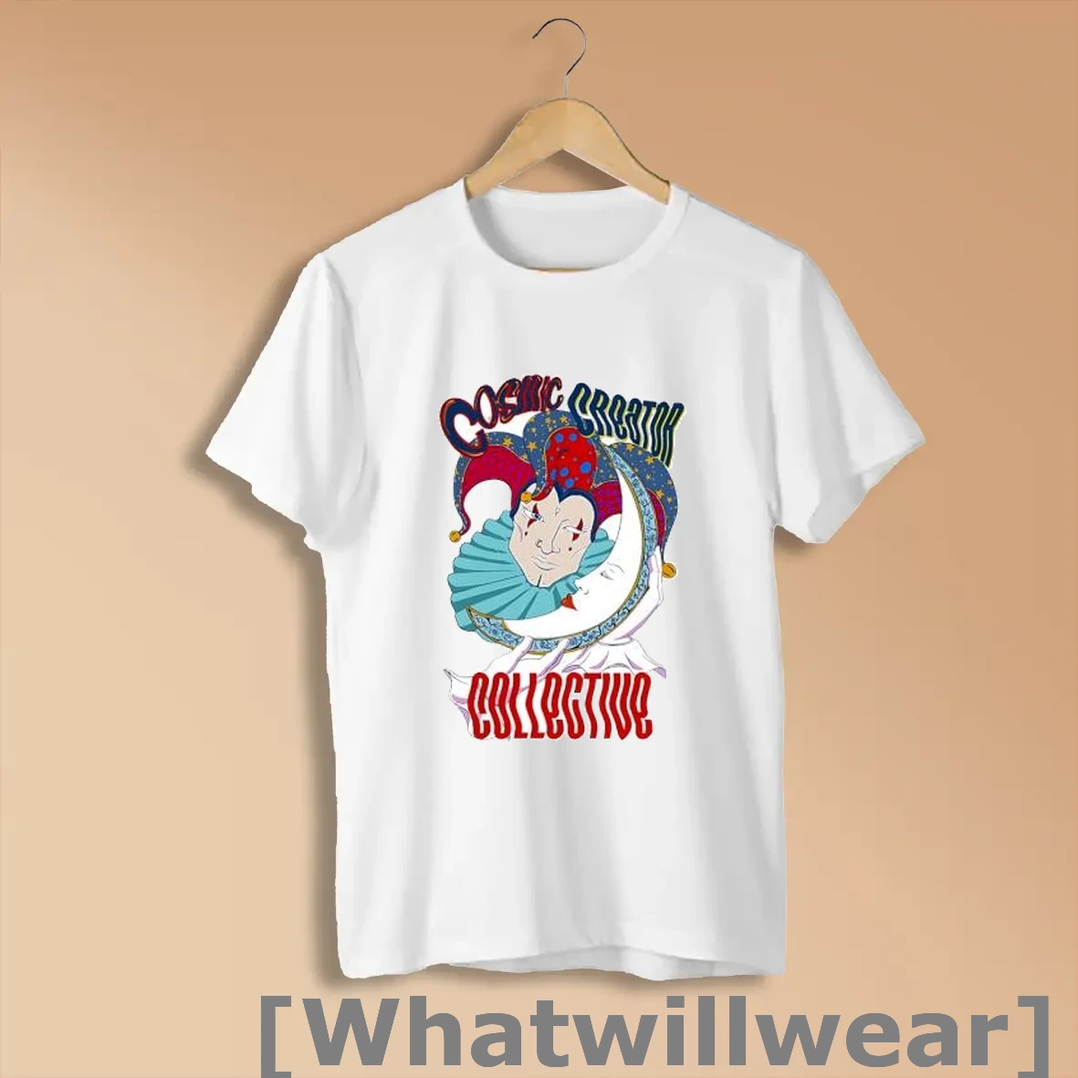 Official Cosmic Creator Collective Jester Holding Crescent Moon Posters White Shirts