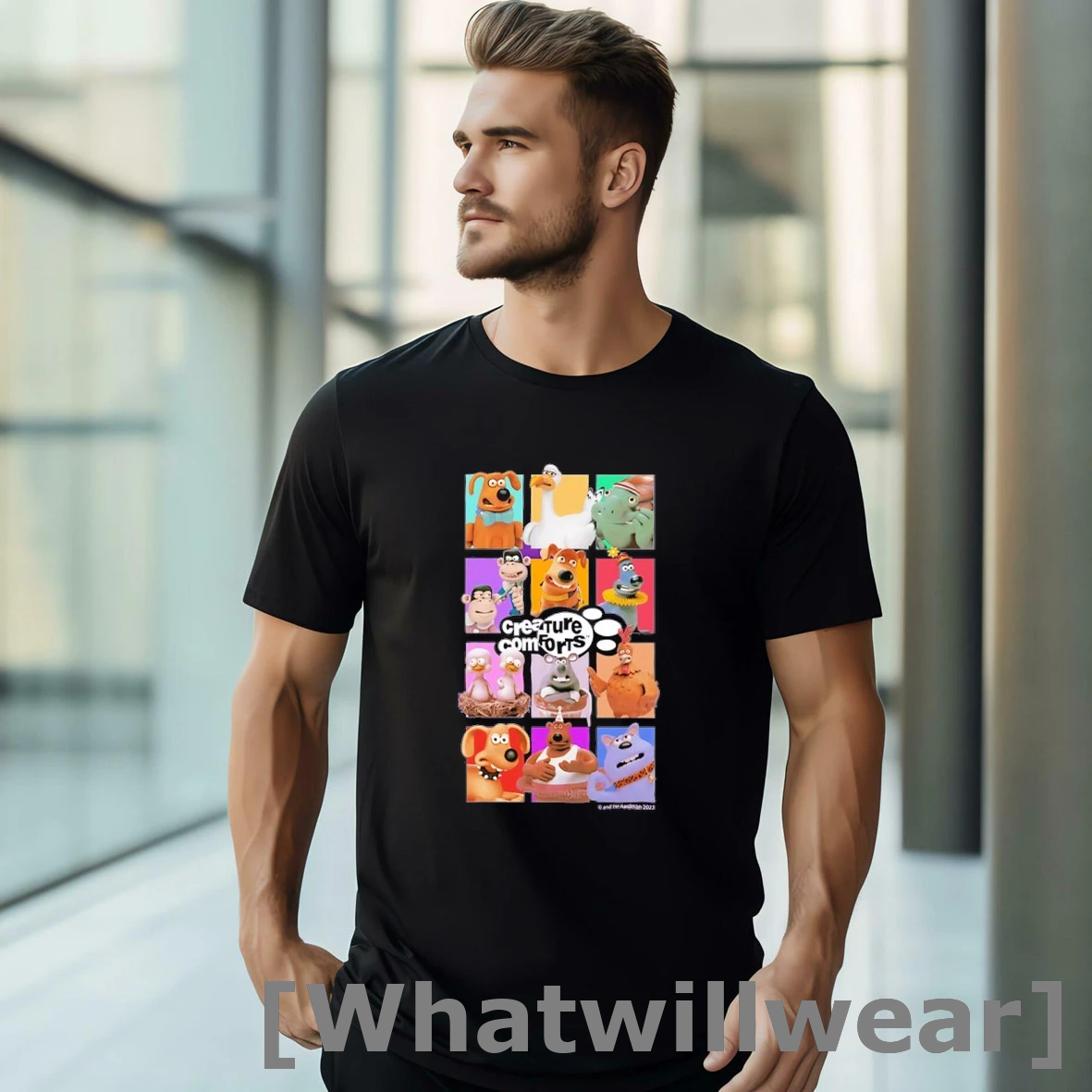 Official Creature Comforts Nick Park And Aardman Animations Collage Of Characters Tshirts Sweater