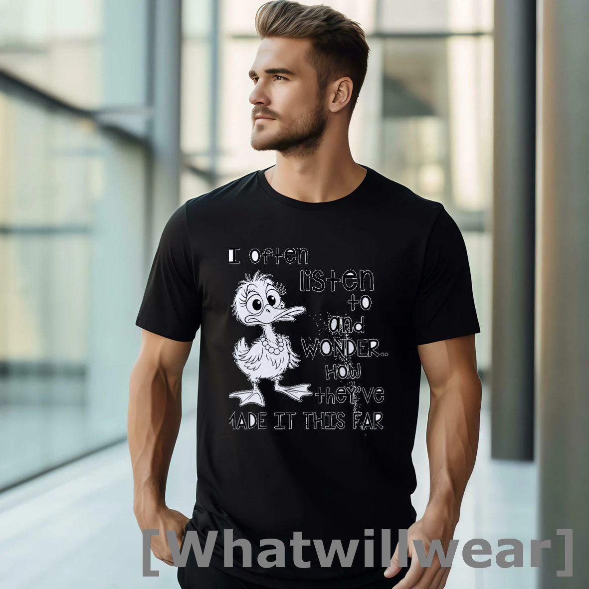 Official Cute Duck I Often Listen Plus 0 And Wonder How Theyve Made It This Far Classic Mens Tshirts Sweater