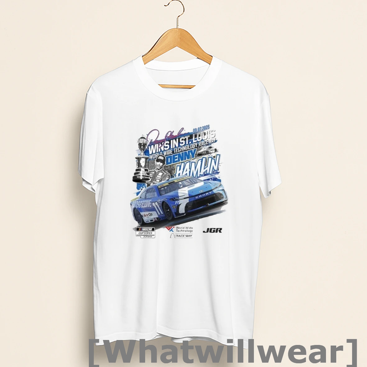 Official Denny Hamlin 2025 Enjoy Illinois 300 Race Winner Shirts