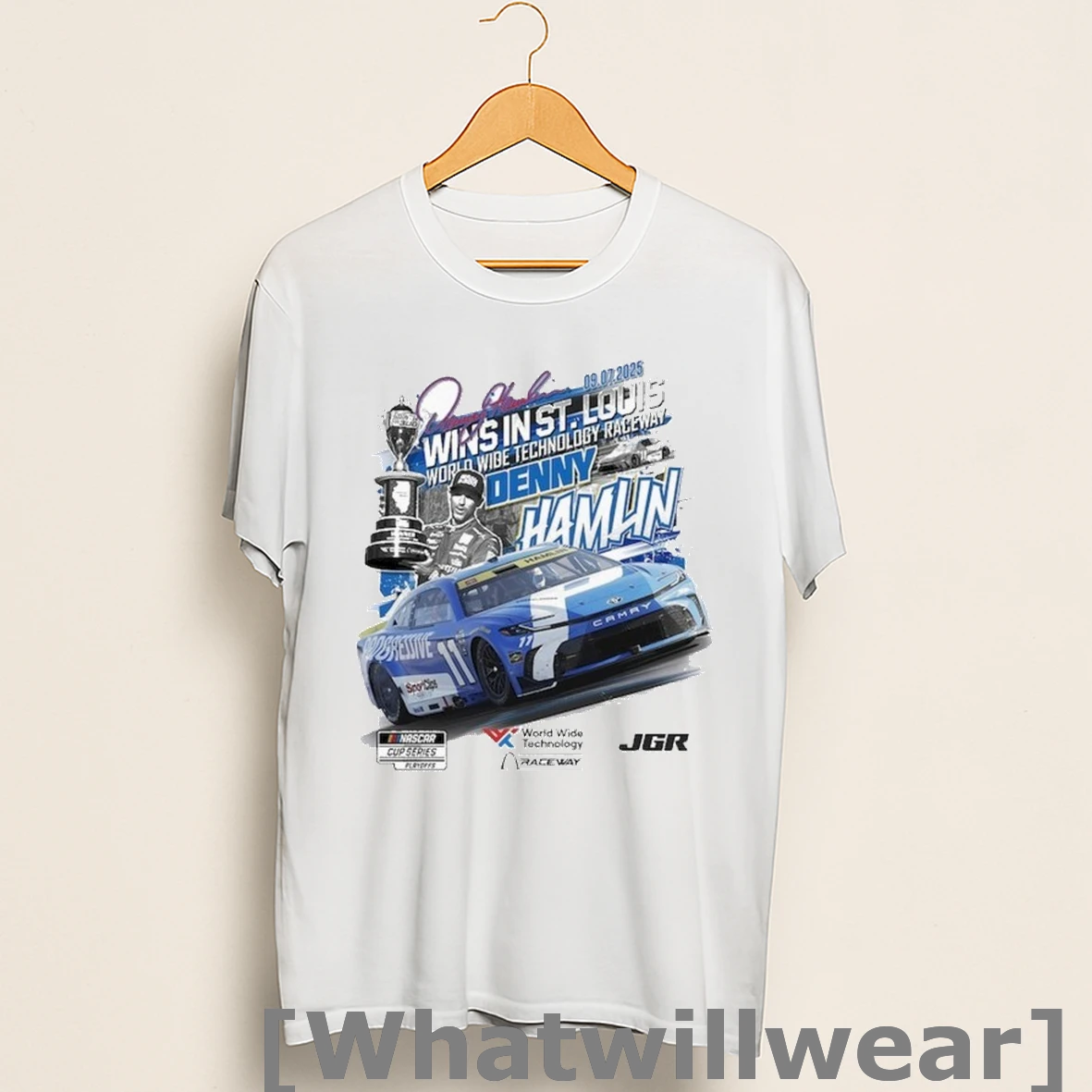 Official Denny Hamlin Checkered Flag Sports 2025 Enjoy Illinois 300 Race Winner Shirts