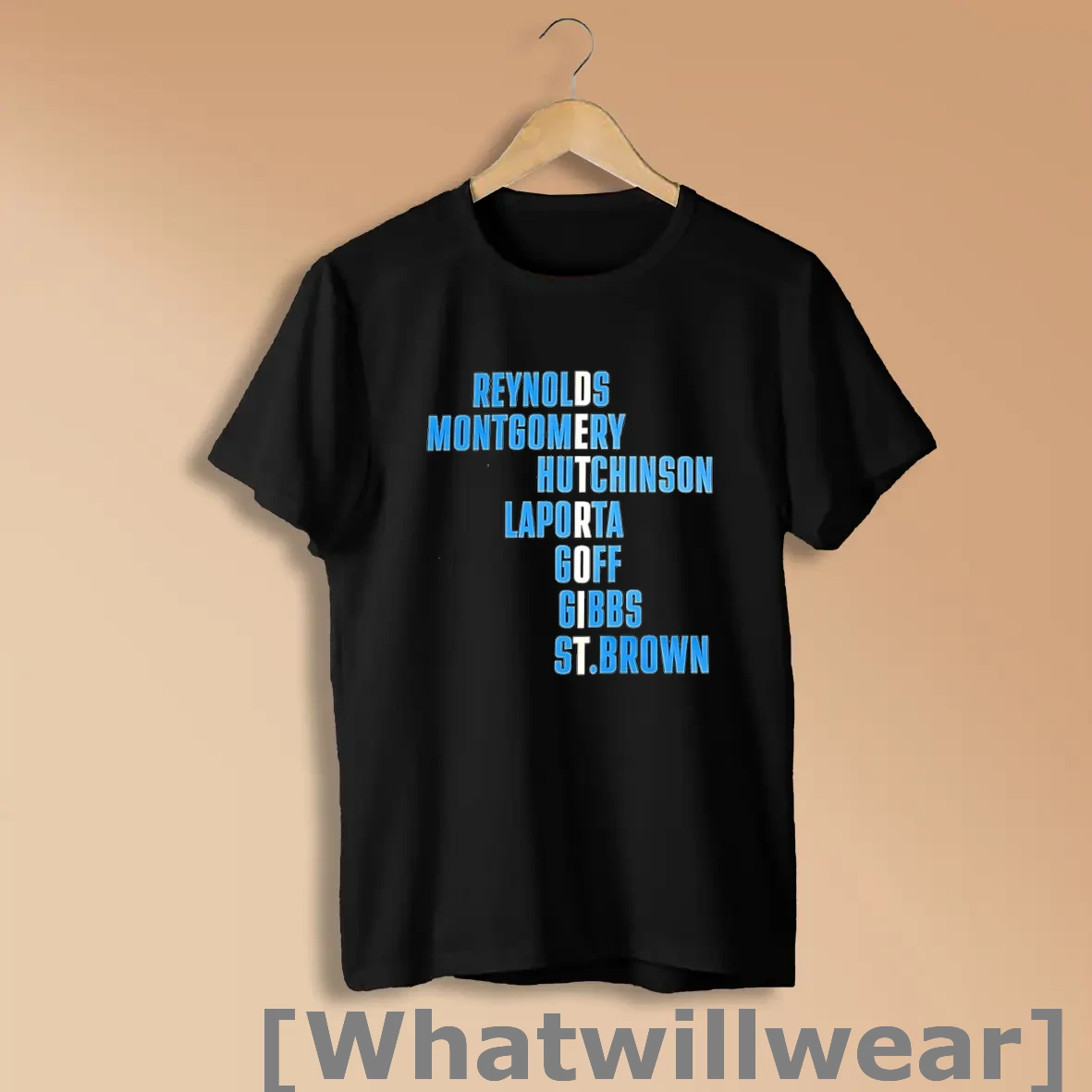 Official Detroit Lions Reynolds Montgomery Hutchinson Laporta Goff Gibbs St Brown Player Names Shirts
