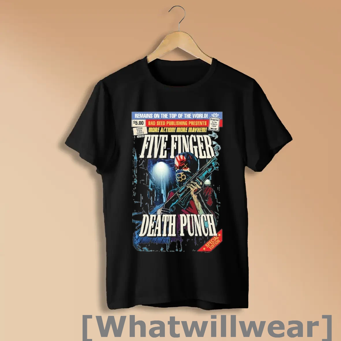 Official Five Finger Death Punch Remains On The Top Of The World Bad Seed Publishing More Action More Mayhem Comic T Shirts Shirts