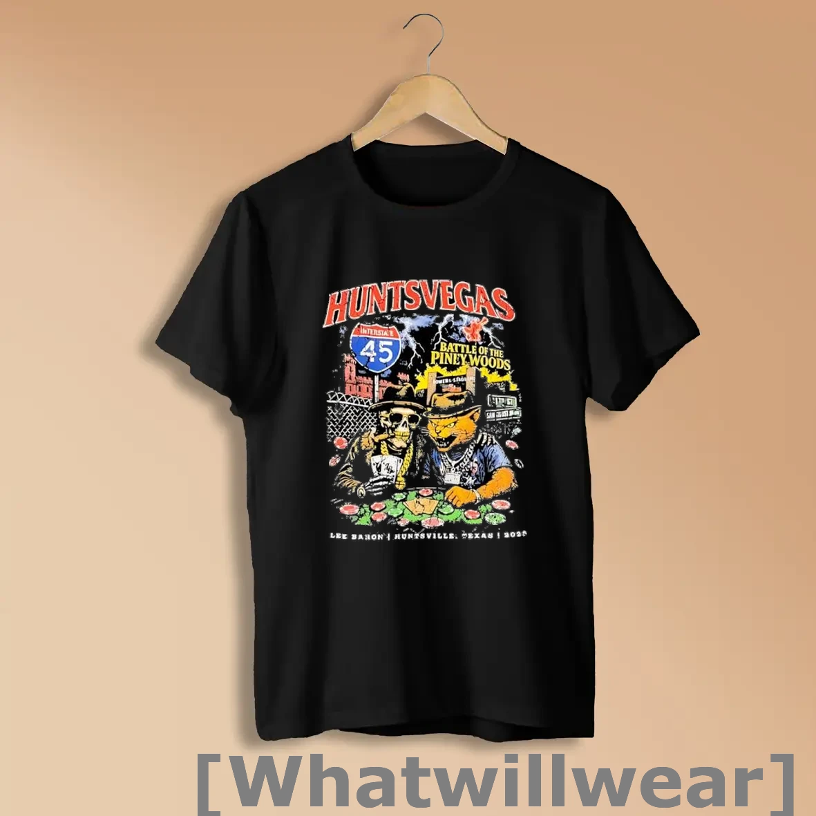 Official Huntsvegas Interstate 45 Skeleton Cat Poker Players Graphic Posters Black Shirts
