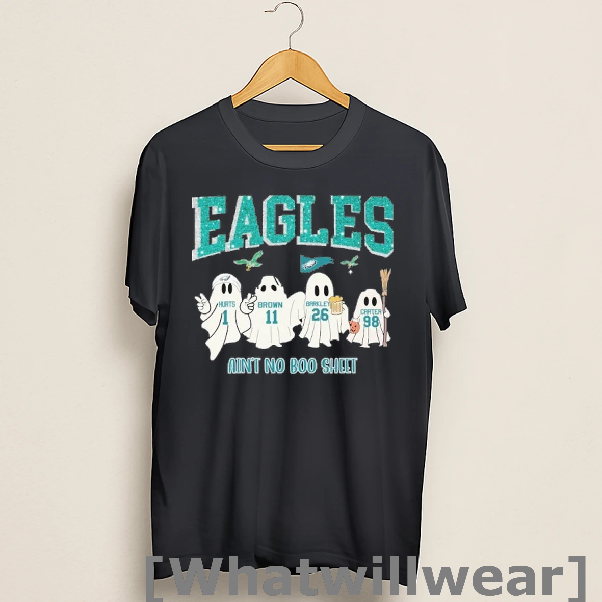 Official Jalen Hurts Aj Brown Saquon Barkley And Jalen Carter Philadelphia Eagles Spooky Aint No Boo Sheet Ghosts Halloween Shirts