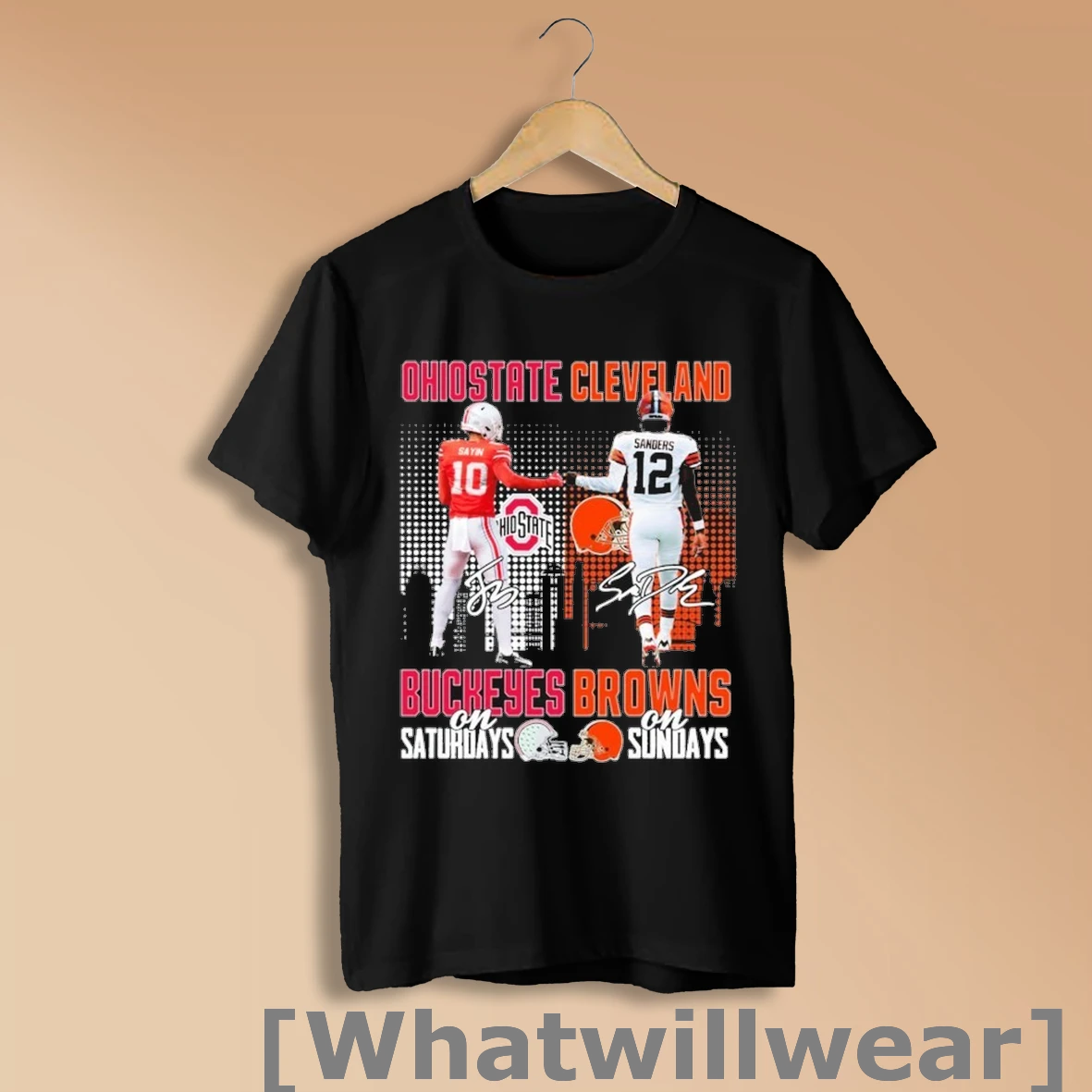 Official Julian Sayin X Shedeur Sanders Ohio State Buckeyes On Saturdays And Cleveland Browns On Sundays Signatures Skyline Shirt Sweatshirt