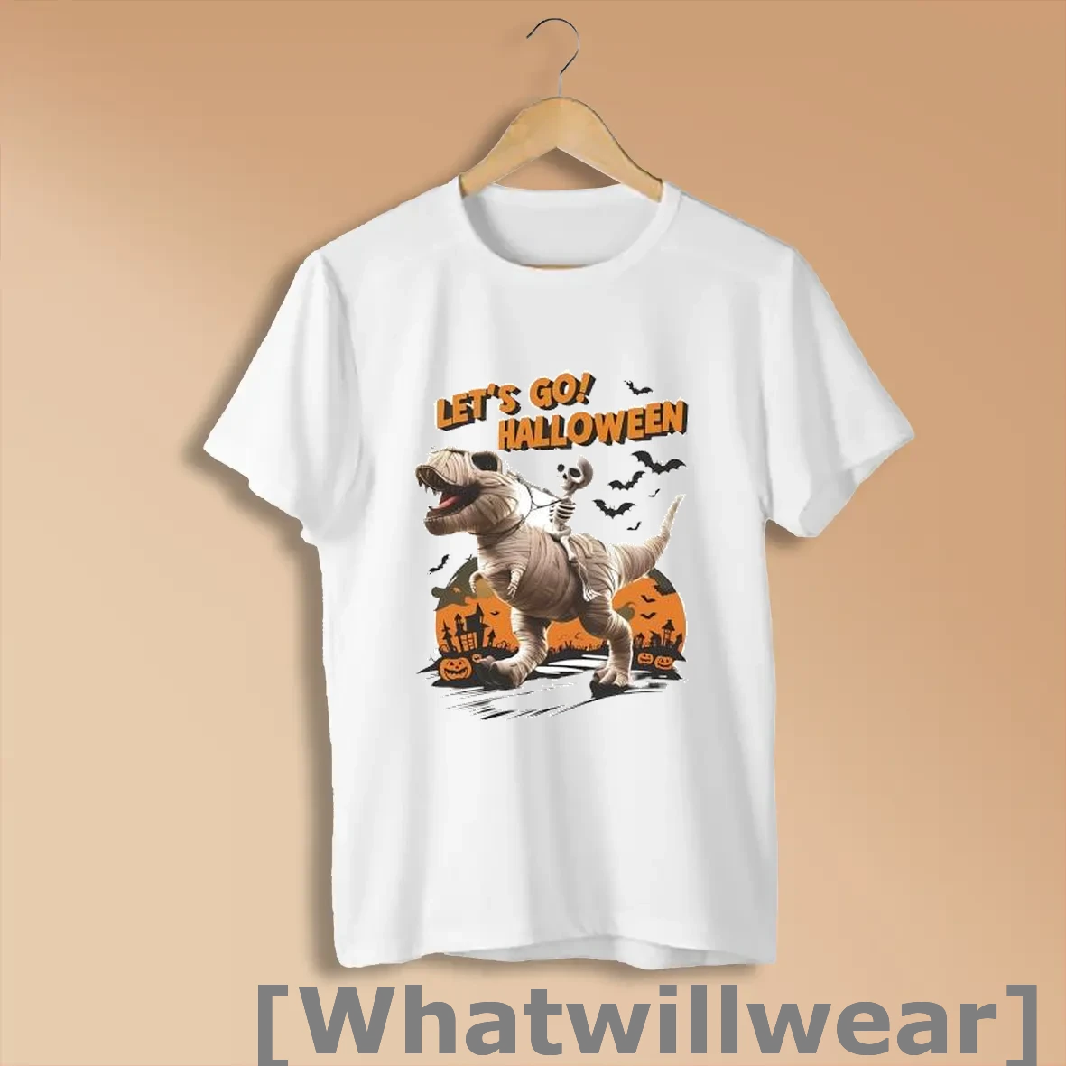 Official Lets Go Halloween Mummy T Rex Skeleton Bats Pumpkins Shirts
