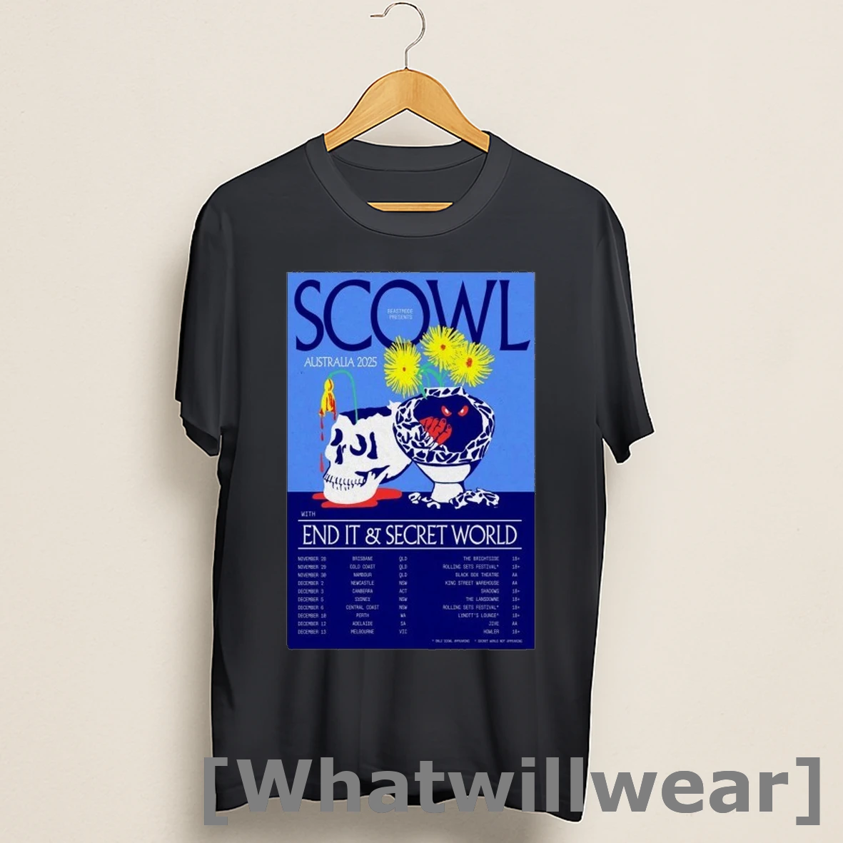 Official Scowl Australia End It And Secret World 2025 Tour Dates Shirts