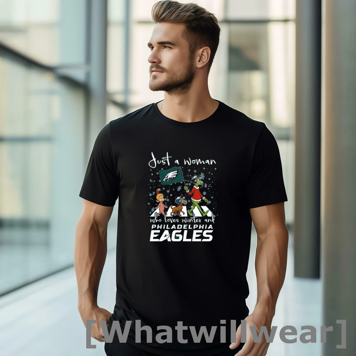 Official The Grinch Characters Abbey Road Just A Woman Who Loves Winter And Philadelphia Eagles Tshirts Sweater