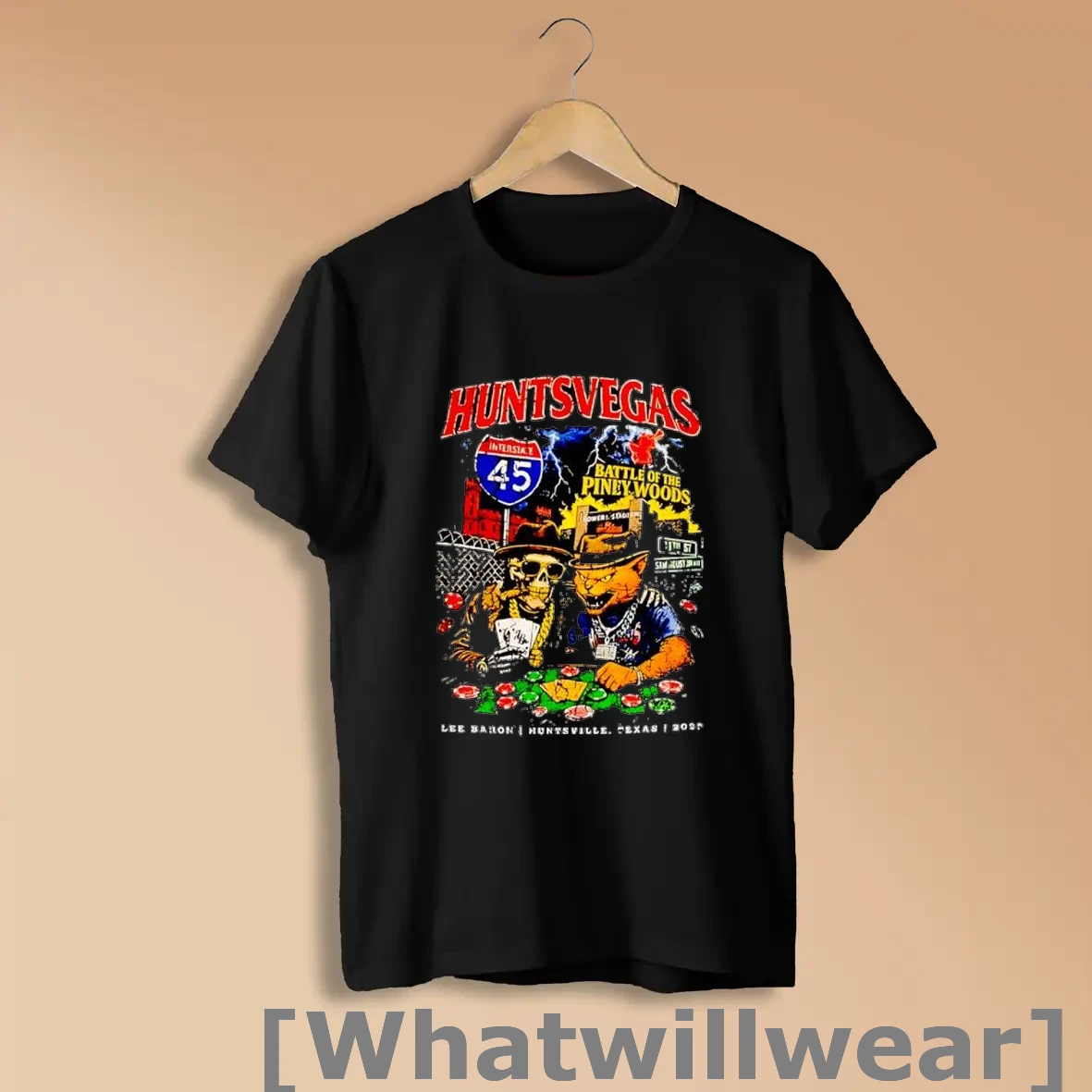 Official Welcome To Huntsvegas Interstate 45 Skulls Skeleton Mafia Card Game Posters Black Shirts