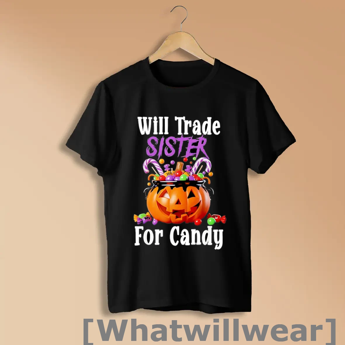 Official Will Trade Sister For Candy Halloween 2025 Costume Black Shirts