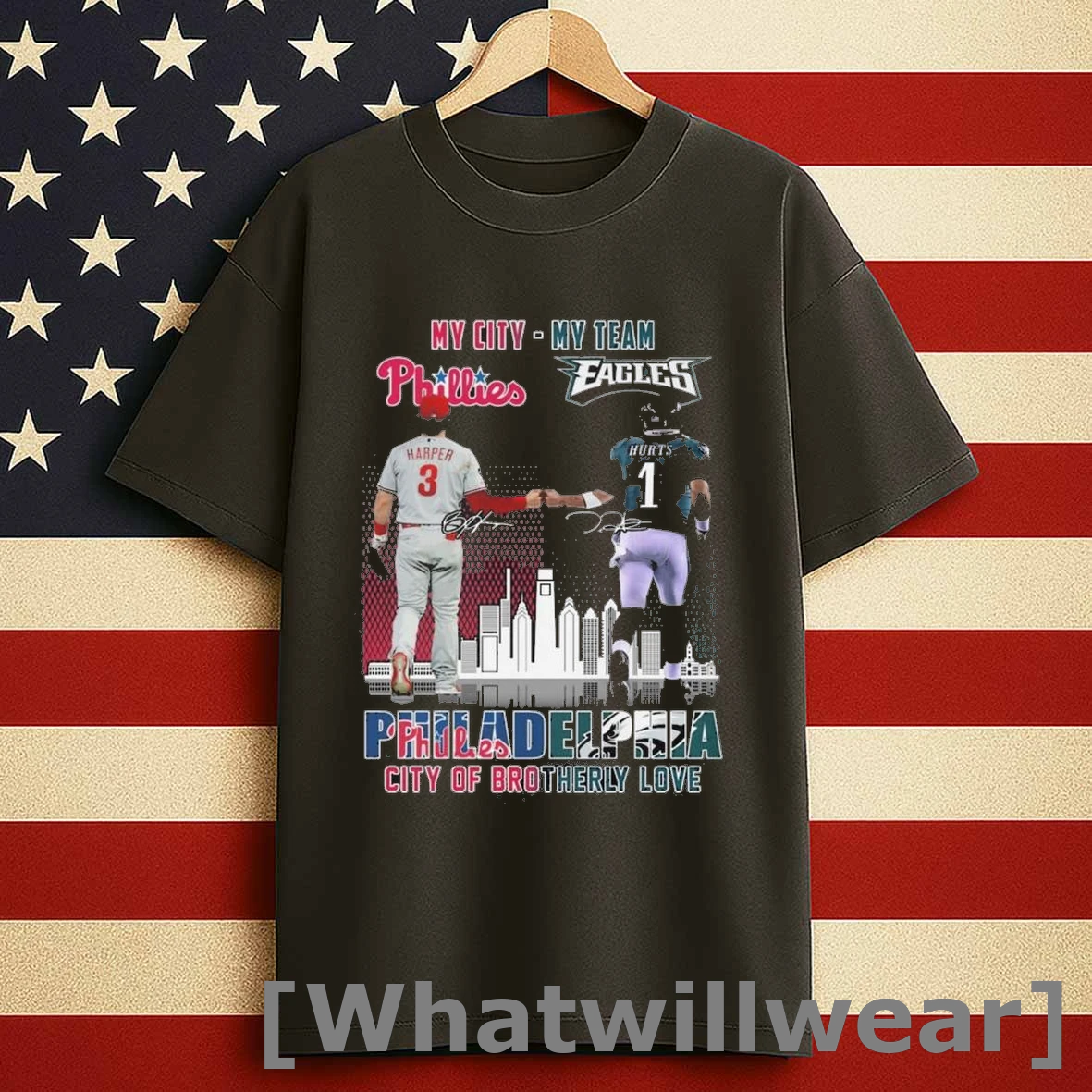 Philadelphia Phillies Harper And Philadelphia Eagles Hurts My City My Team Philadelphia City Of Brotherly Love Signatures Shirts