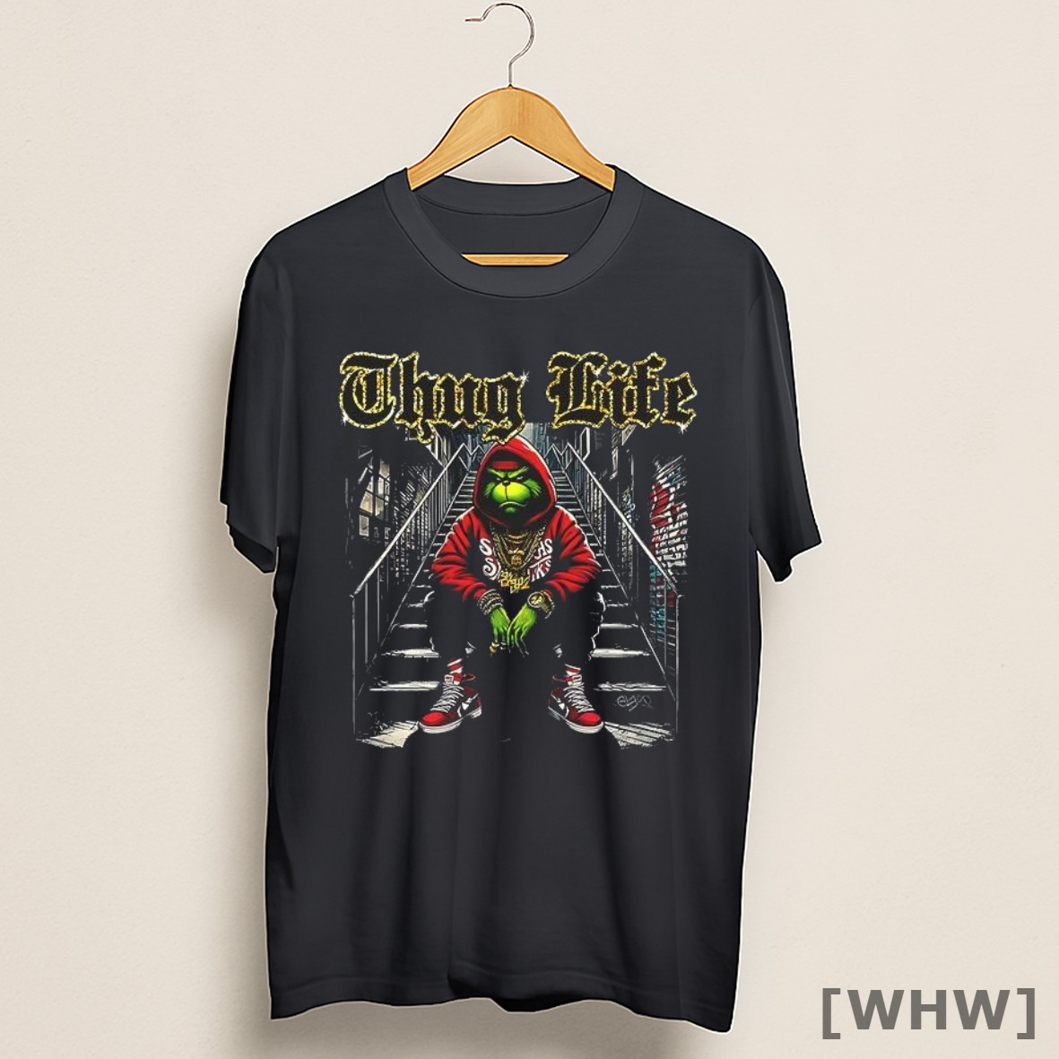 Premium Thug Life Seuss Christmas Grinch Sitting On Stairs Shirt