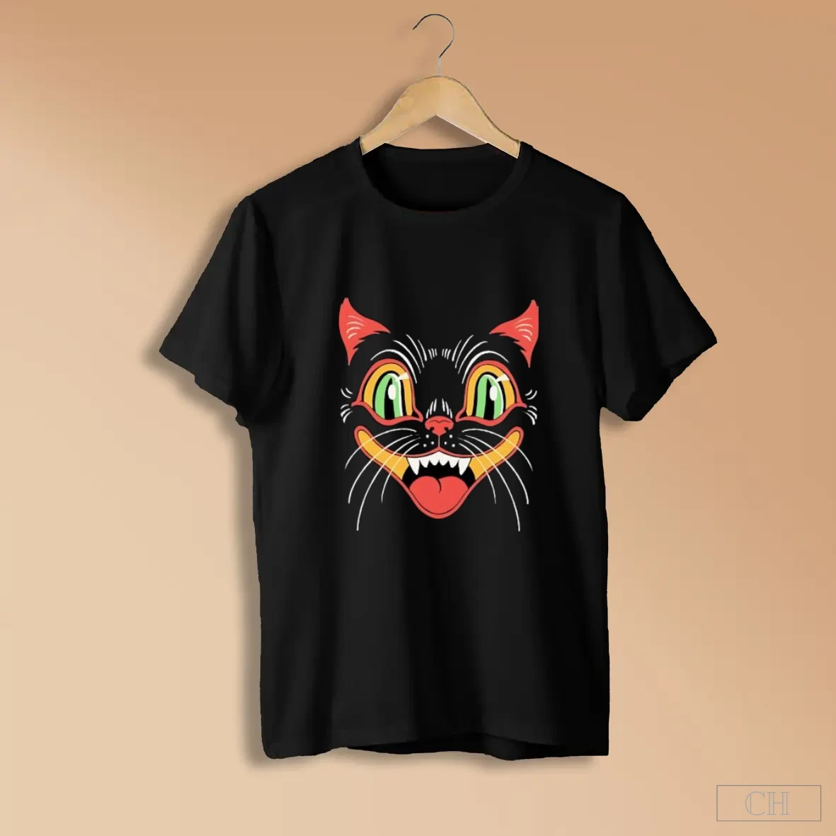 Scary Vintage Halloween Black Cat Face With Green Eyes S Black Shirts