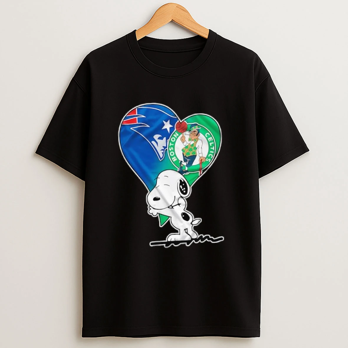 Snoopy Hug New England Patriots And Boston Celtics In Heart Logo Shirts