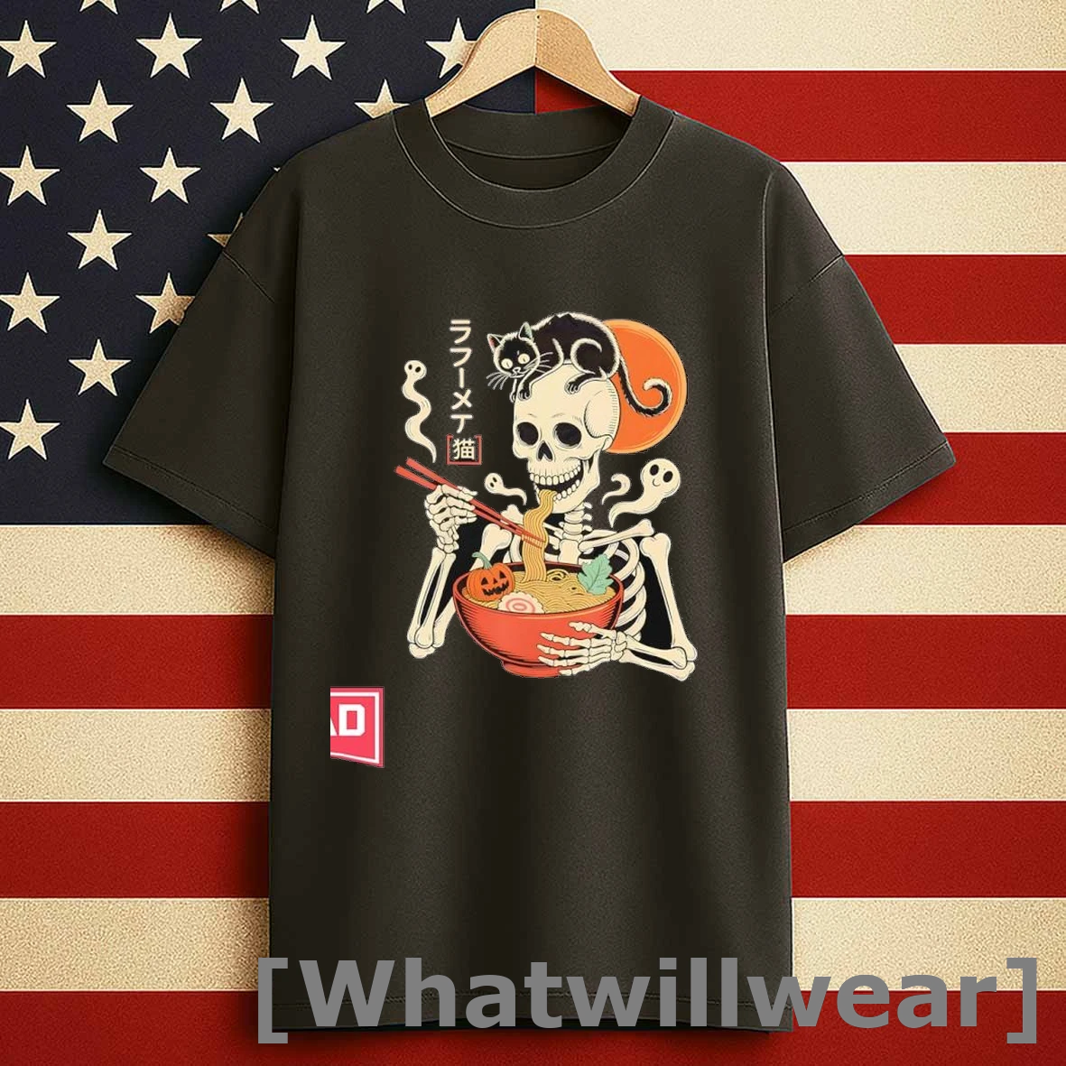 Spooky Skeleton Eating Ramen Bowl With Cat Halloween Shirts