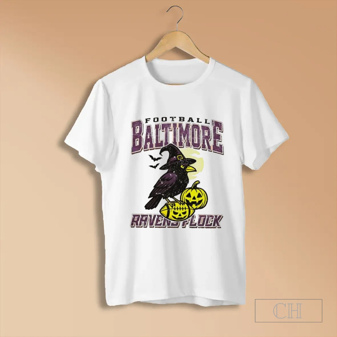 Spooky Crow Witch Pumpkin Football Baltimore Ravens Flock T Shirts