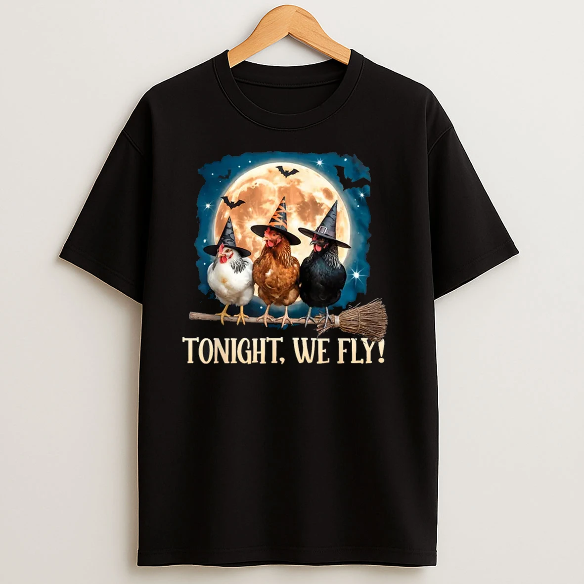 Tonight We Fly Moon Bat Funny Spooky Chicken Witch Halloween Shirts