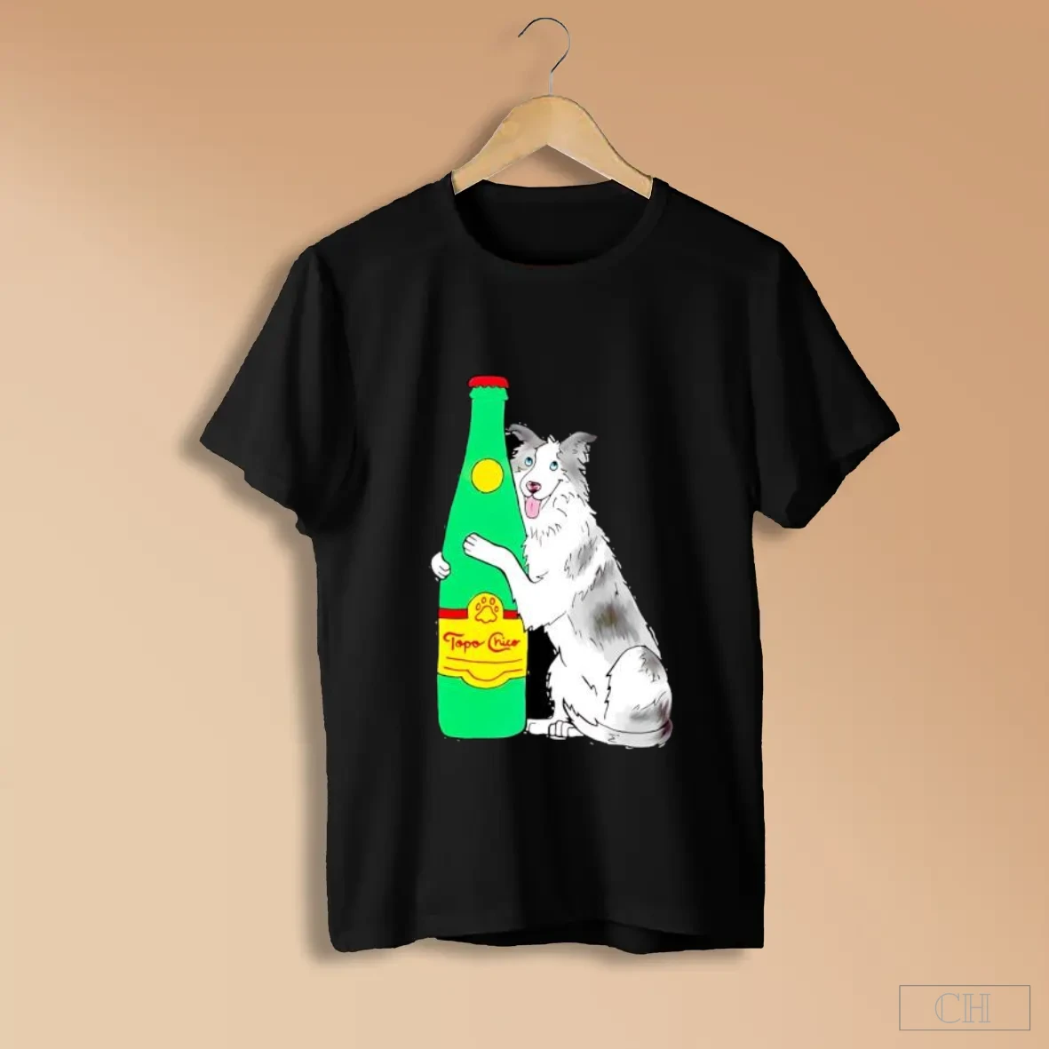 Topo Chico Border Collie Dog Holding A Bottle S Black Shirts