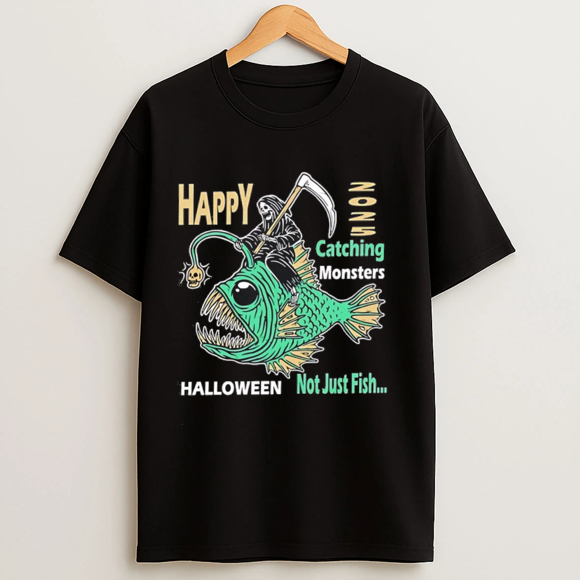 Happy Catching Monsters Halloween Not Just Fish Grim Reaper Riding An Anglerfish Shirts