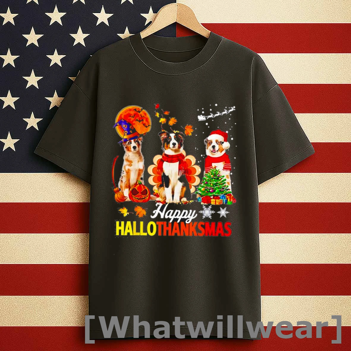 Happy Hallothanksmas Halloween Thanksgiving Christmas With Australian Shepherd Dogs Shirts