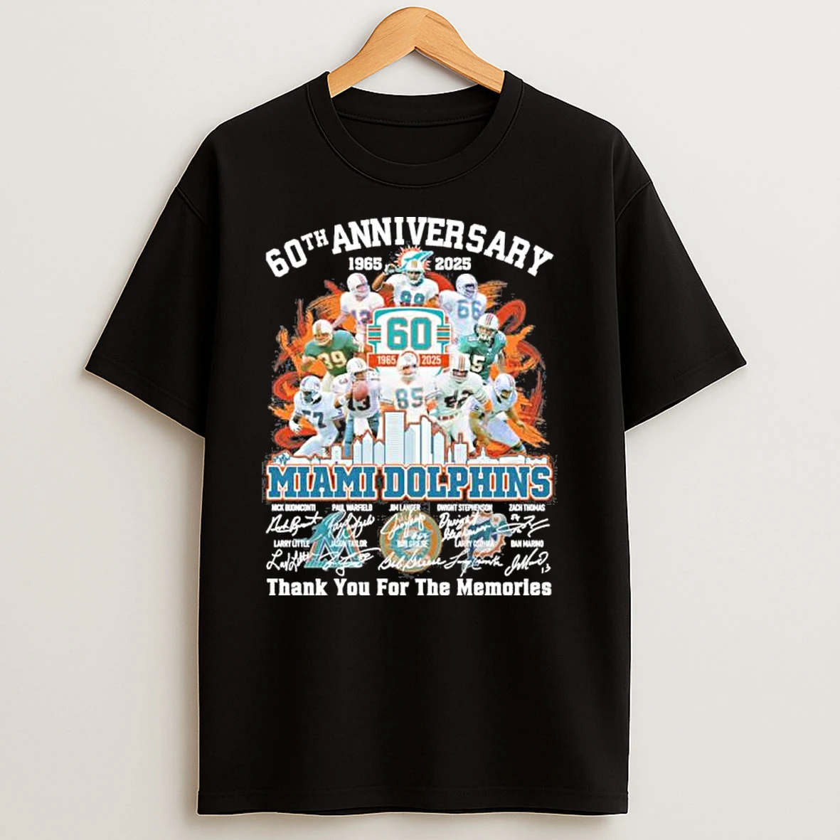 60th Anniversary 1965 2025 Miami Dolphins Team Signatures T Shirts