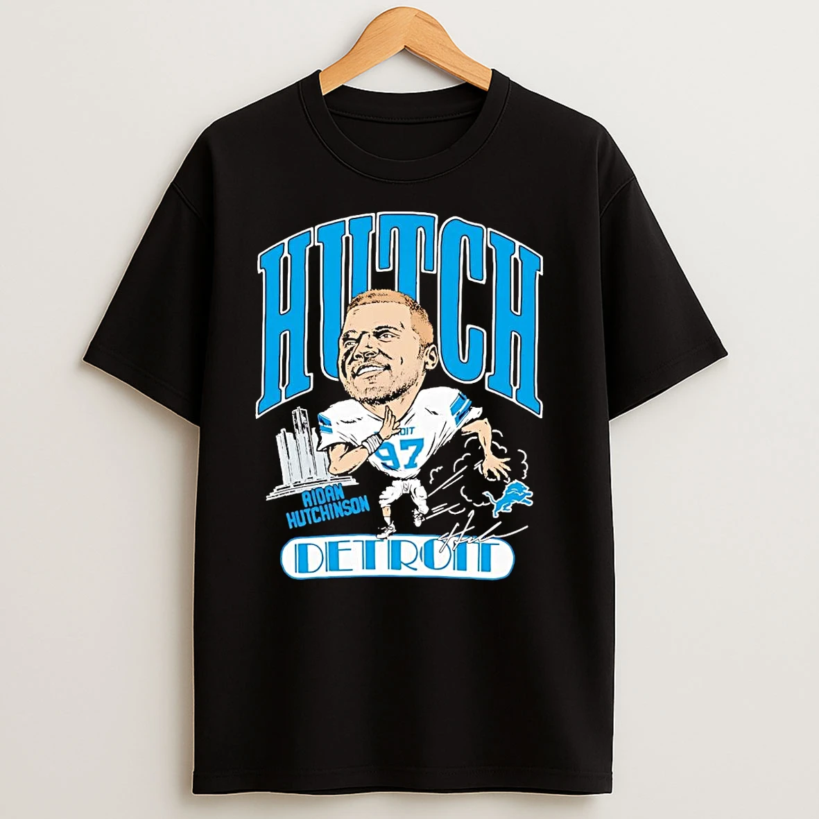 Aidan Hutchinson Caricature Celebration Skyline Detroit Lions T Shirts