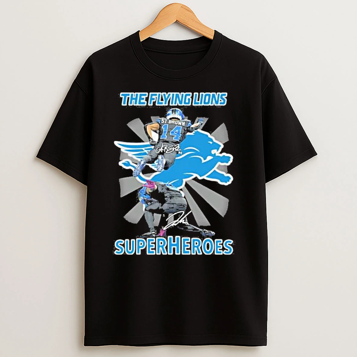 Amon Ra St Brown And Jahmyr Gibbs The Flying Lions Superheroes T Shirts