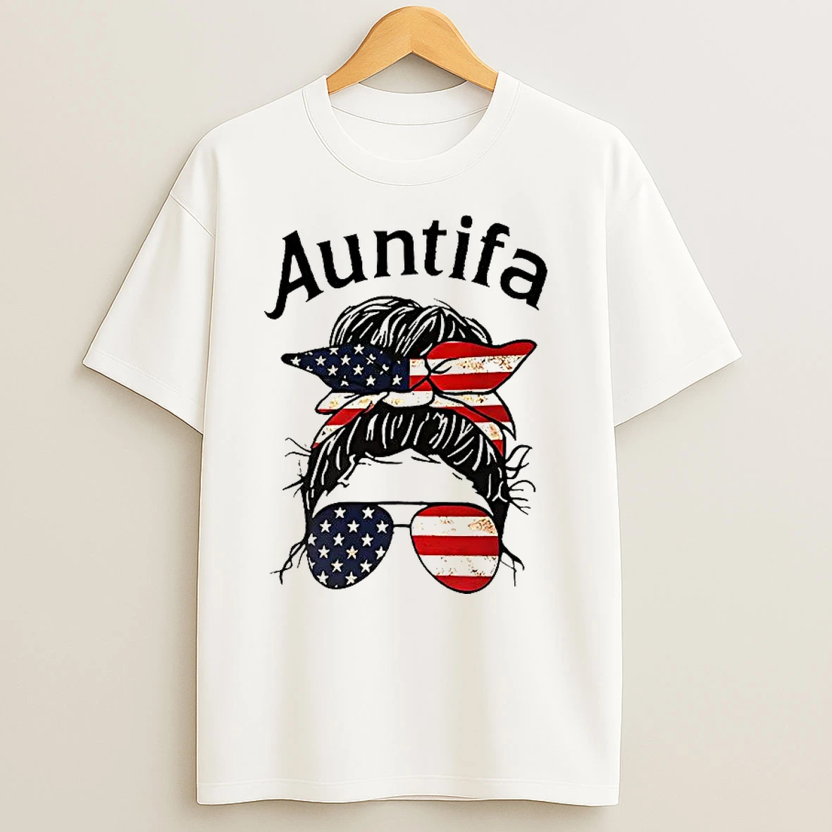 Auntifa Woman With Bun Hairstyle Wearing American Flag Headband And Sunglasses T Shirts