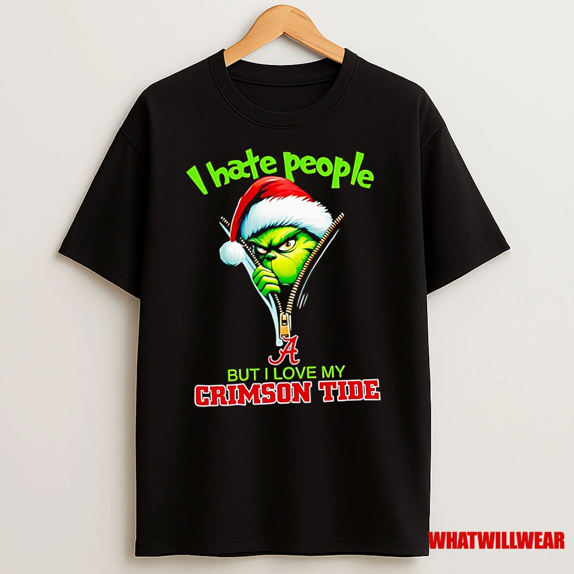 Awesome Grinch Santa Hat I Hate People But I Love My Alabama Crimson Tide Christmas Logo Clothing Shirts