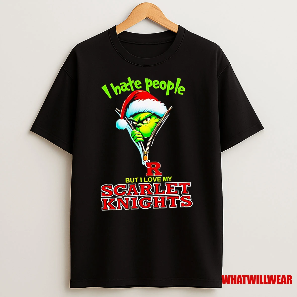 Awesome Grinch Santa Hat I Hate People But I Love My Rutgers Scarlet Knights Christmas Logo Clothing Shirts