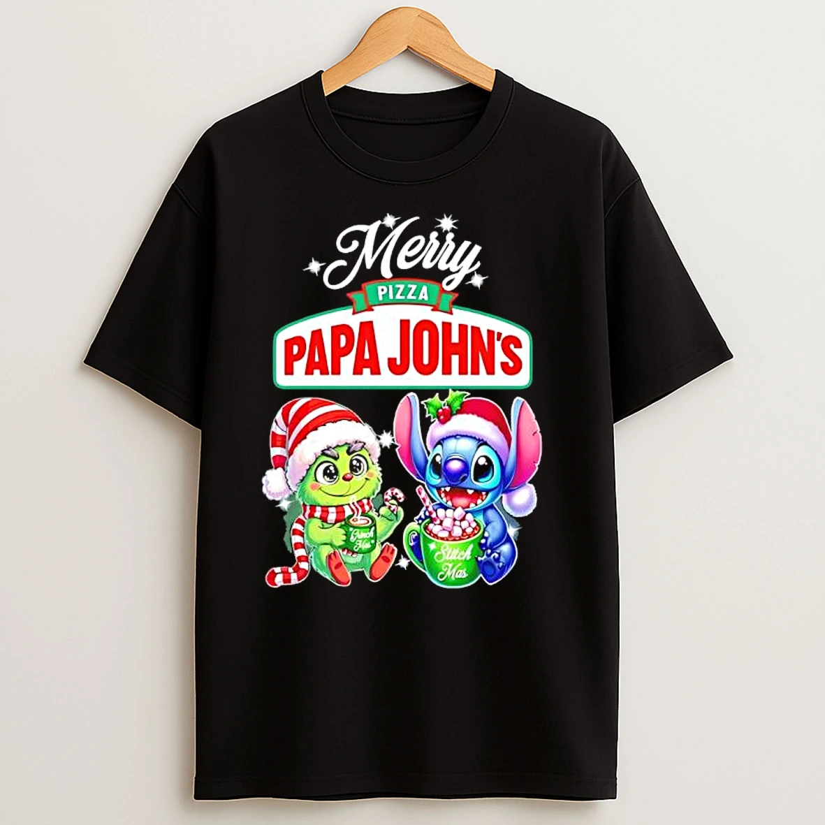 Baby Grinch And Stitch X Pizza Papa Johns Merry Christmas T Shirts